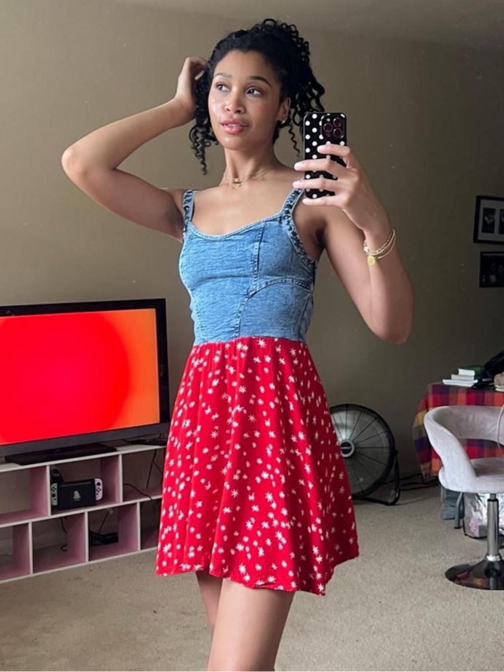 Studded denim and red/white patterned mini dress, vintage Y2K, cutout back